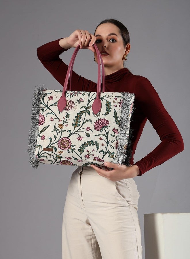 ENSAC Premium Cotton Tote Bag for Women, Stylish Handbag for women with Zip Closure | Fit for Office Bag, College, Travel Use | Handcrafted in India-8 (Pink) - Image 3